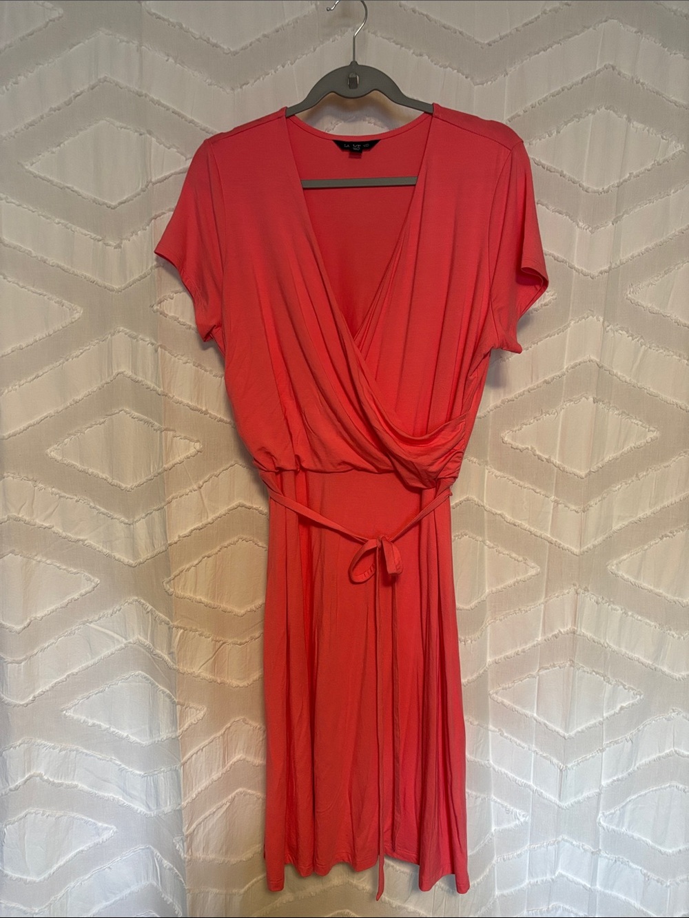Women's Coral Faux Wrap Dress with Tie Waist